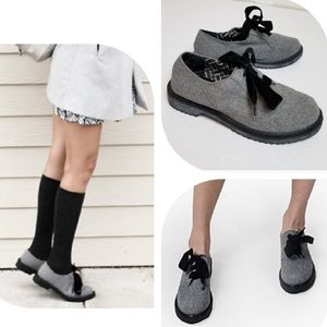 Shellys London Grey Tweed Lace Up Oxfords Loafers Velvet Ribbon Laces Academia